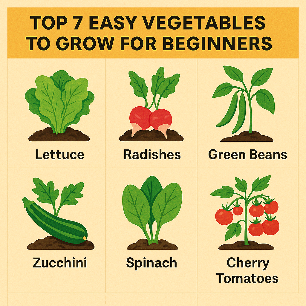Illustrated chart of 7 easy vegetables for beginners, including lettuce, radishes, and cherry tomatoes.
