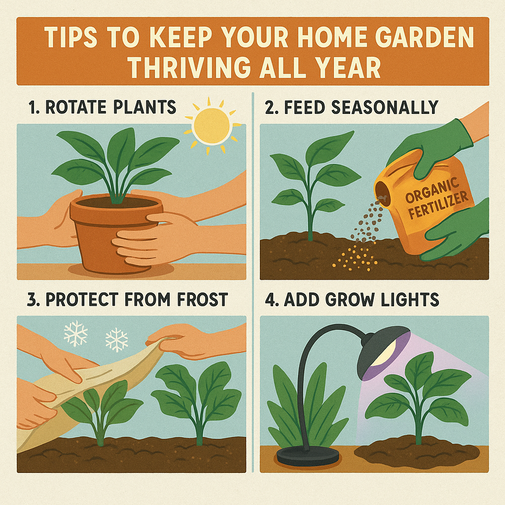 Four-step guide to keeping your garden thriving: rotate plants, feed seasonally, protect from frost, and use grow lights.