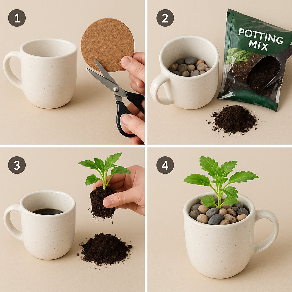 Four-step guide showing how to turn a mug into a plant pot: add pebbles, soil, plant, and top with stones.