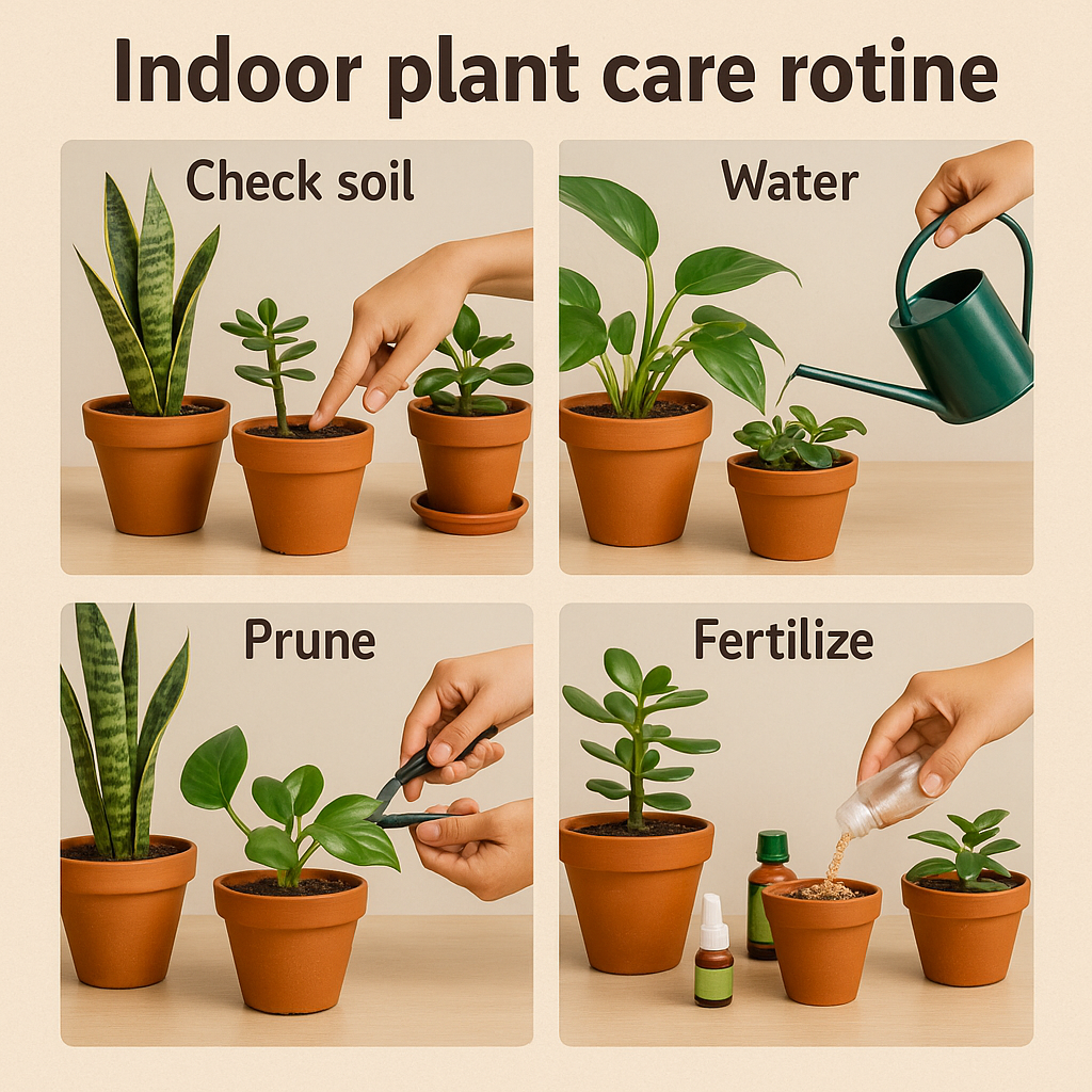 Healthy indoor plants on a windowsill, showing proper care with clean leaves, good lighting, and vibrant green foliage.