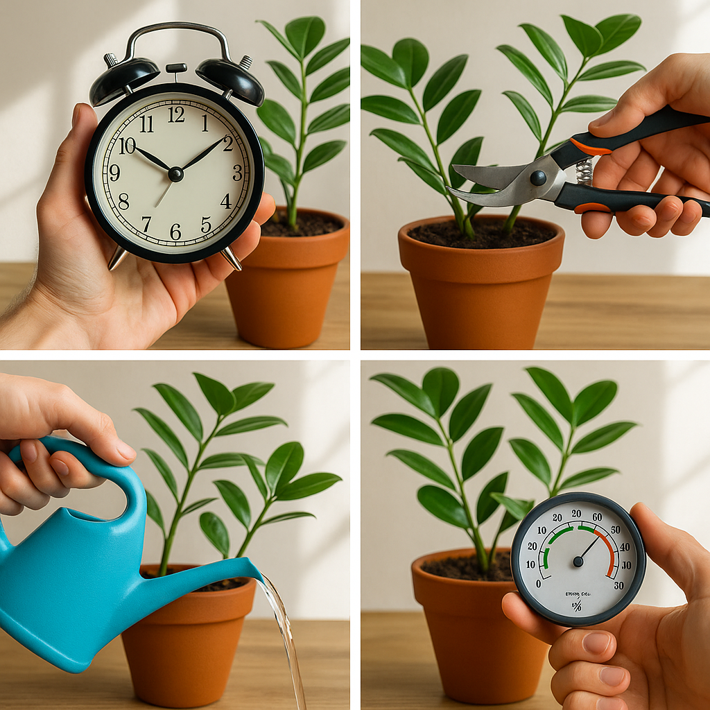 Four-step guide showing ideal times to care for plants: check time, prune leaves, water gently, and monitor humidity.