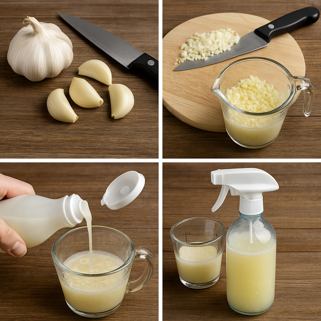 Step-by-step guide showing how to make a garlic and soap pest spray: chop garlic, mix with soap, strain, and pour into a spray bottle.