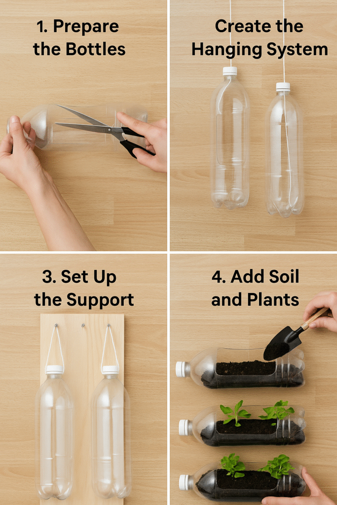 Step-by-step guide to make a vertical garden using plastic bottles.