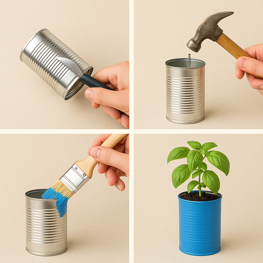Step-by-step guide showing how to turn an aluminum can into a painted plant pot.
