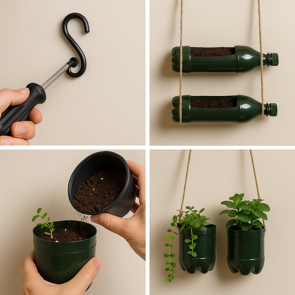 Four-step guide to building a hanging garden using recycled plastic bottles and twine.