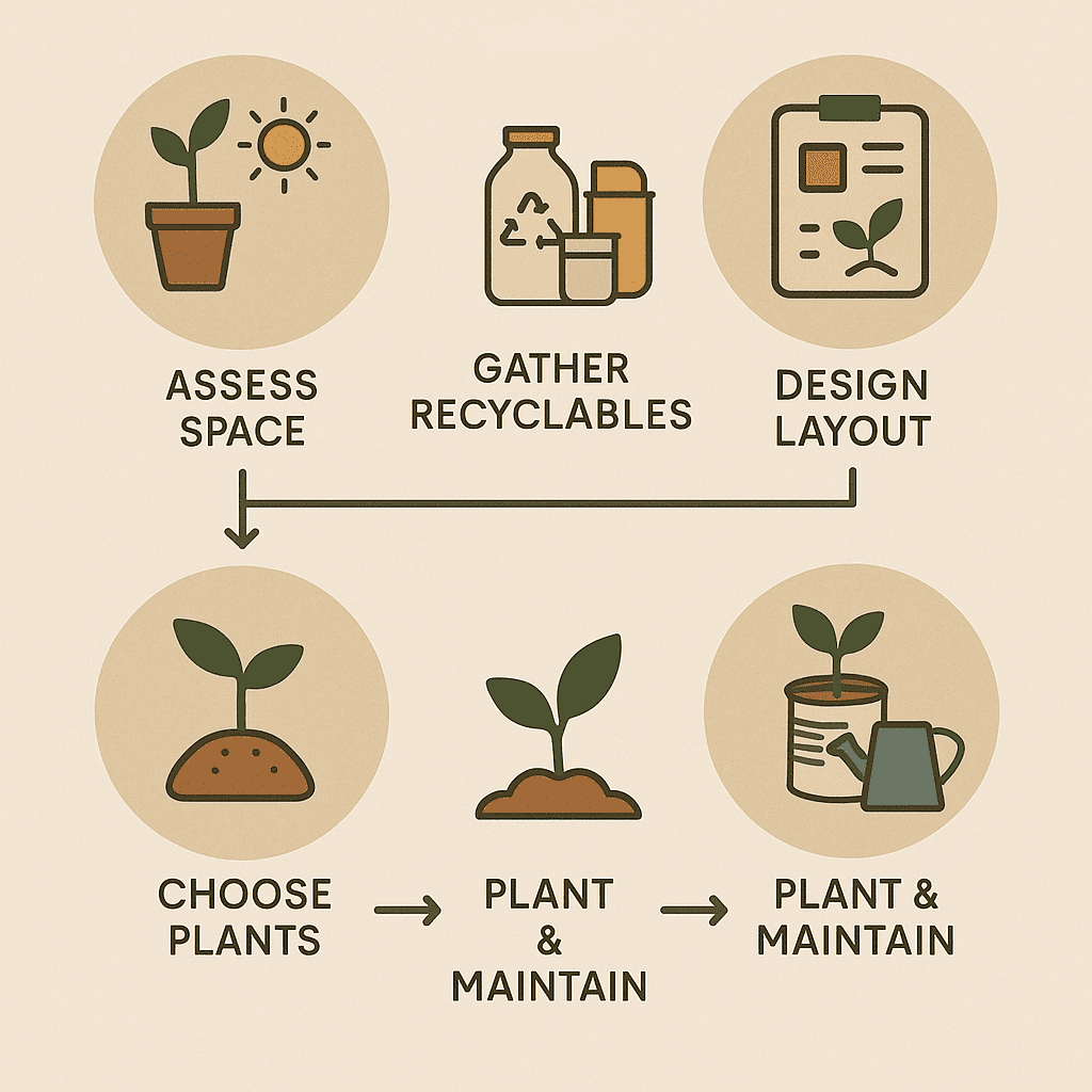 Infographic showing five steps for urban gardening with recycled materials, including icons for space, recyclables, plants, and watering.
