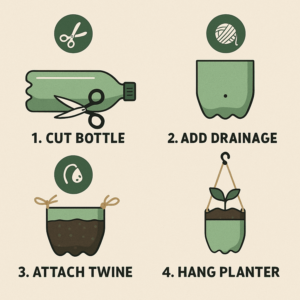 Infographic showing how to make a hanging planter from a bottle in four steps: cut, add drainage, attach twine, hang.
