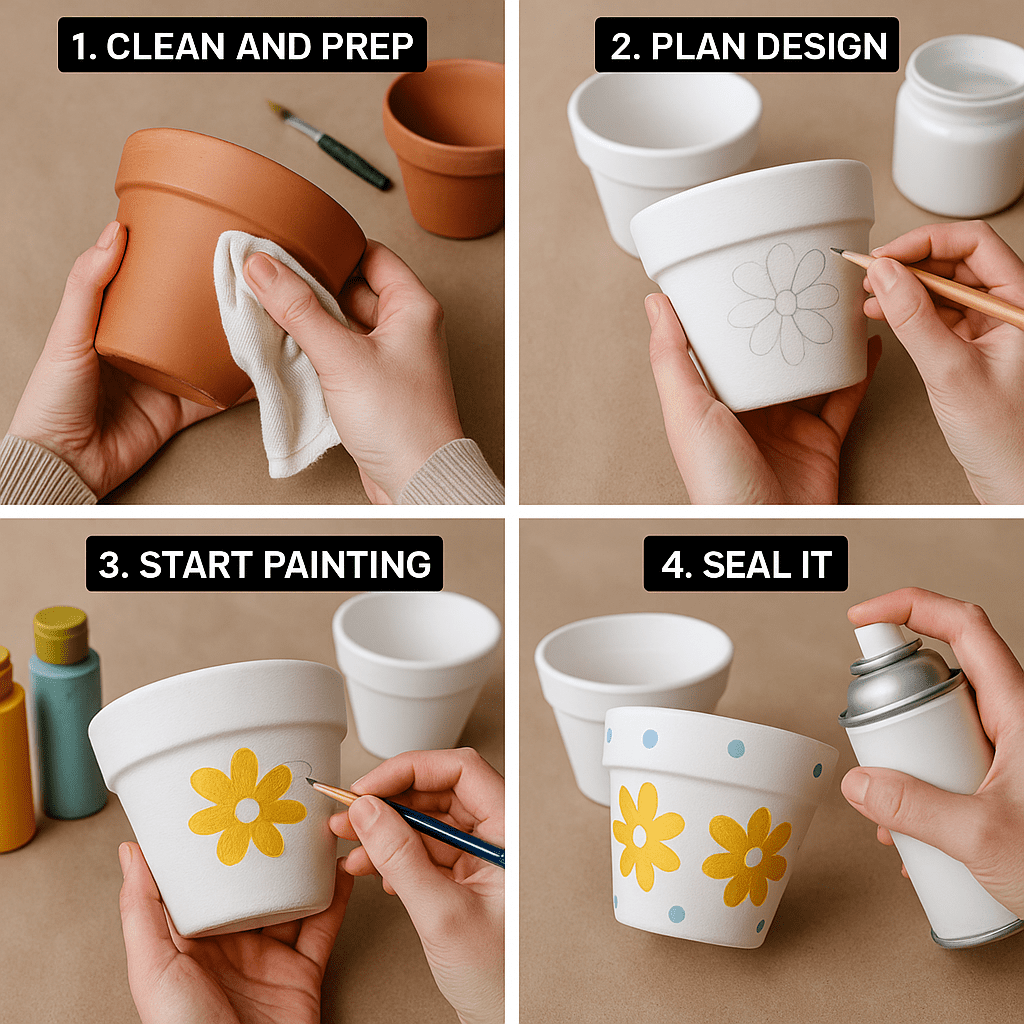 Step-by-step pot painting: clean, sketch, paint, seal.