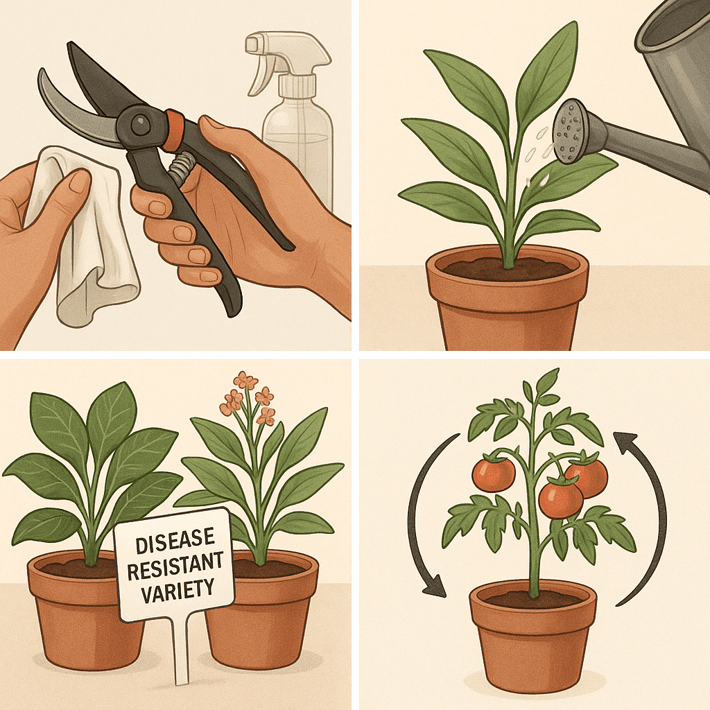 Steps to prevent plant disease: clean tools, water properly, choose resistant plants, rotate crops.