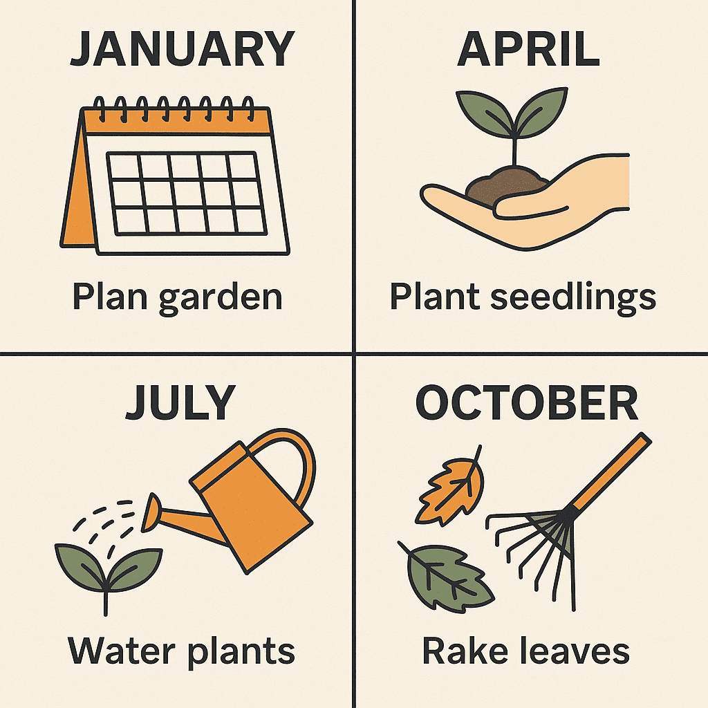 Monthly plant care tasks: plan, plant, water, rake.