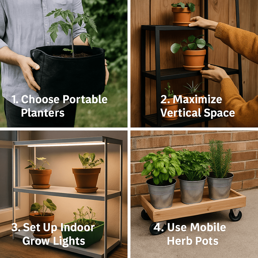 Four-step visual guide to urban gardening: portable planters, vertical shelving, indoor grow lights, and mobile herb pots.