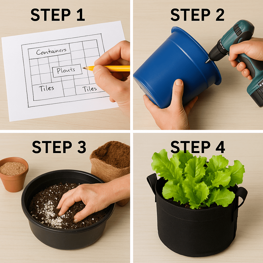 Four-step rooftop garden guide showing planning, pot prep, soil mix, and leafy greens in grow bag.