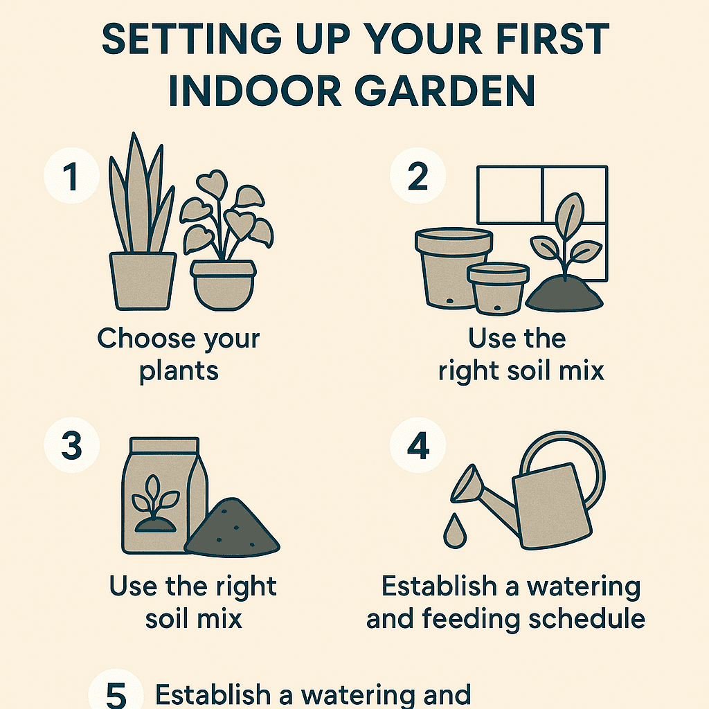 Step-by-step indoor gardening guide illustration.
