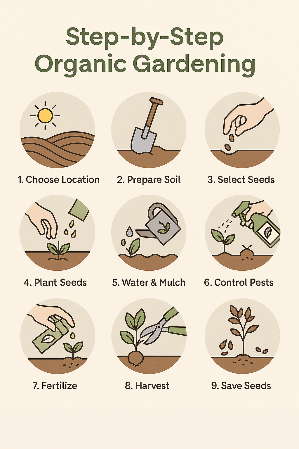 Step-by-step organic gardening infographic with nine illustrated stages.