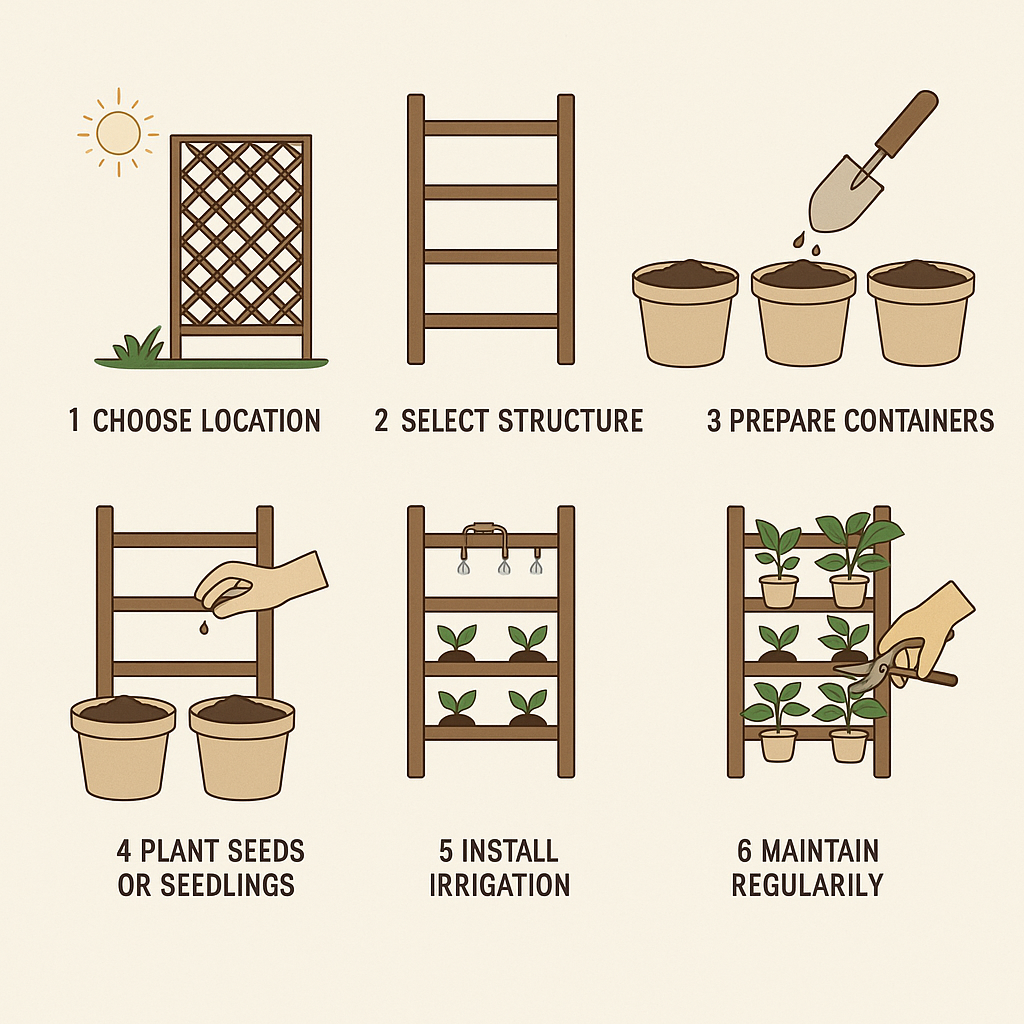 Step-by-step vertical gardening infographic with six illustrated stages.
