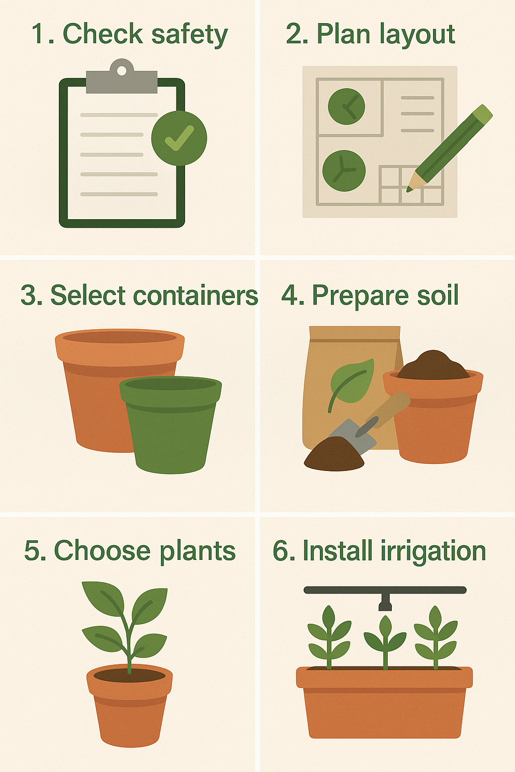Step-by-step rooftop gardening infographic with six illustrated stages.